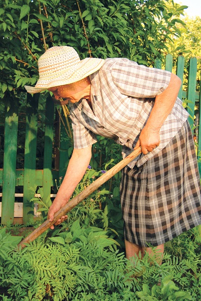 A woman is tending to her garden