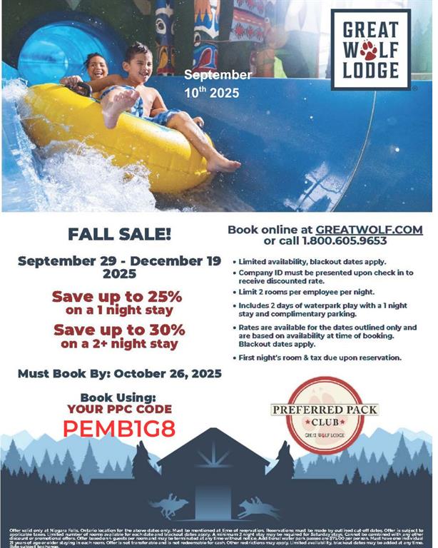 Ad for special rates featuring a photos of two people on a water slide 